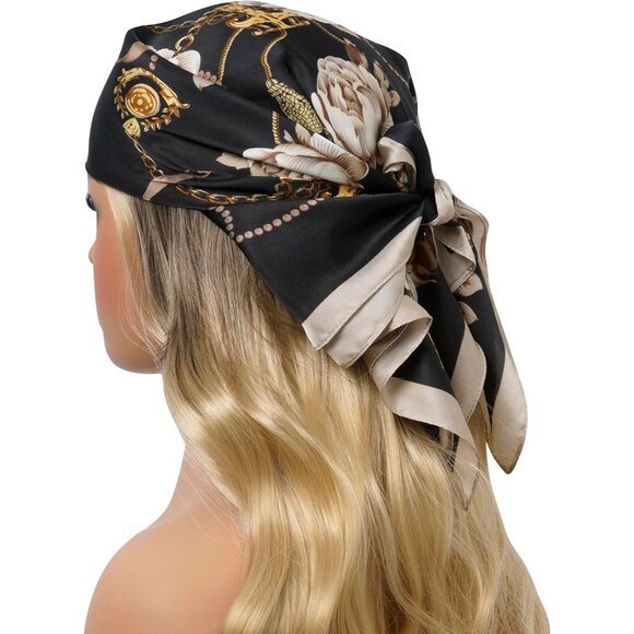 Women Black Flower Headscarf Satin Bandana Pattern Polyester Breathable Scarves - Picture 3 of 7